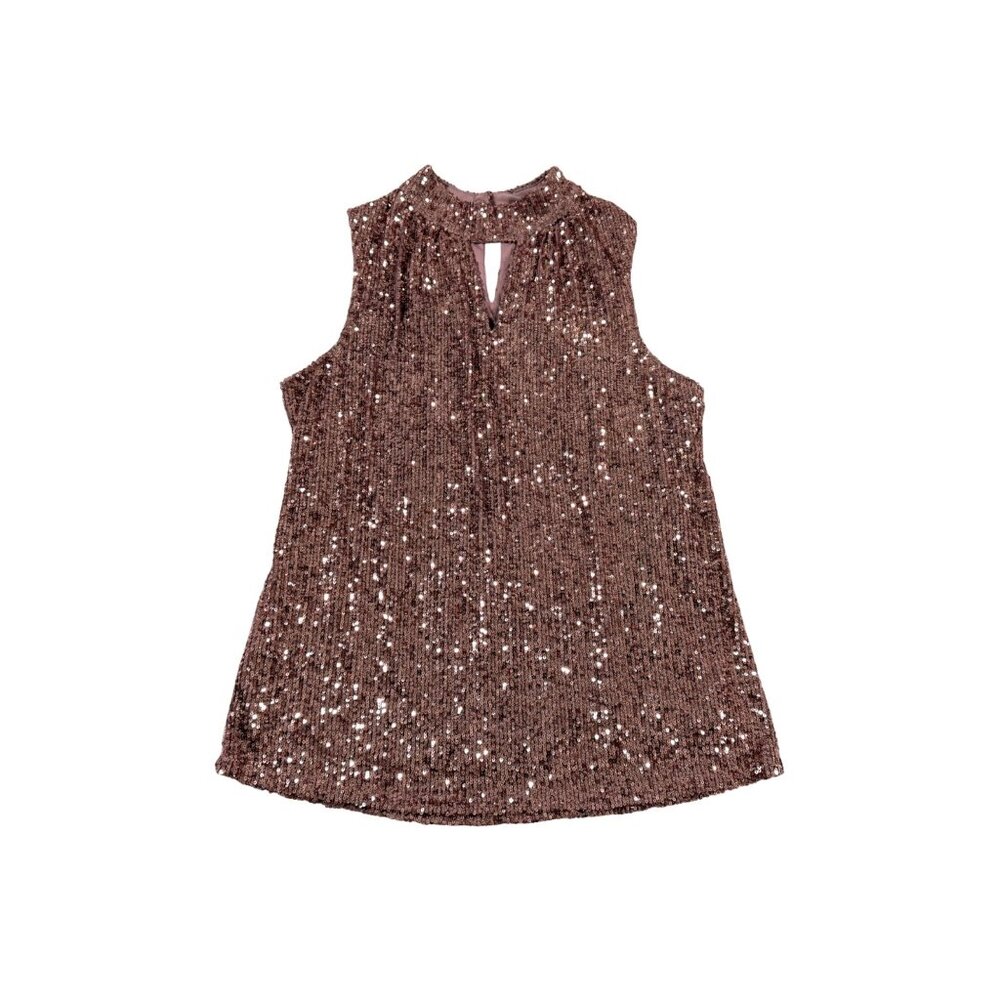 Rose Sequin Keyhole Tank Blouse Sleeveless Glam Barbie Holiday Metallic Romantic